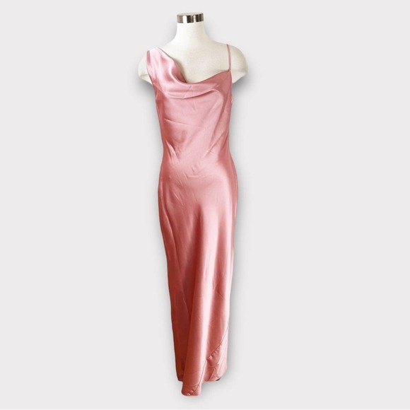 Social Bridesmaids Asymmetric One Shoulder Satin Column Dress Pink Desert Rose - Picture 3 of 10